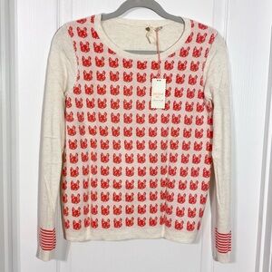 White Stuff CAT Print Striped Cuff Soft Knit Sweater Cream Coral M